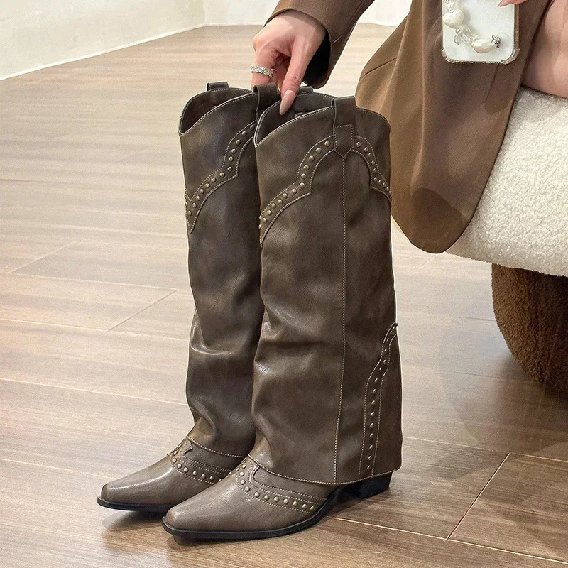 Woman Cowgirl Boots Fashion Slip On Ladies Elegant Square Heel Long Pipe Boots Shoes Retro Womens Winter Footwear 250930