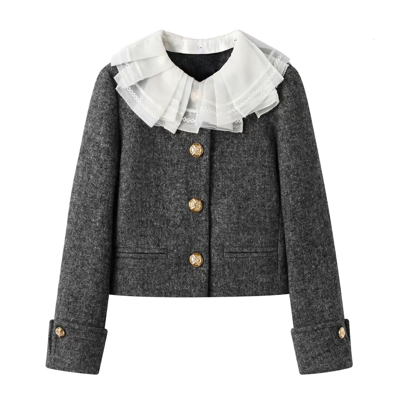 2025 Autumn New Fashion Coarse Wool Short Coat Modern pleated collar design Gold Designer Jacket Style New Luxury Jacket