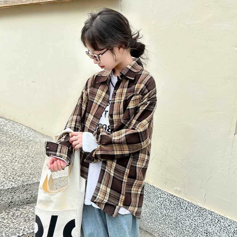 Korean Kids Autumn Long Sleeve Plaid Blouse for Girls Outfit Clothing Tops Children Baby Clothes School Uniform Shirt Outerwear C2510071