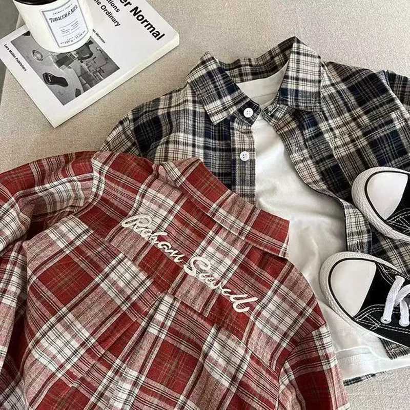 Children Shirt 2025 Autumn New Embroidered Plaid Shirt for Boys and Girls Baby Casual Simple Fashion Shirt Coat 90140CM C251007