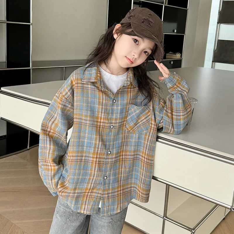 Korean Child Long Sleeve Plaid Blouse For Girls Casual Cotton Shirt with Pocket Teenage School Kids Spring Clothing Outfits C251007