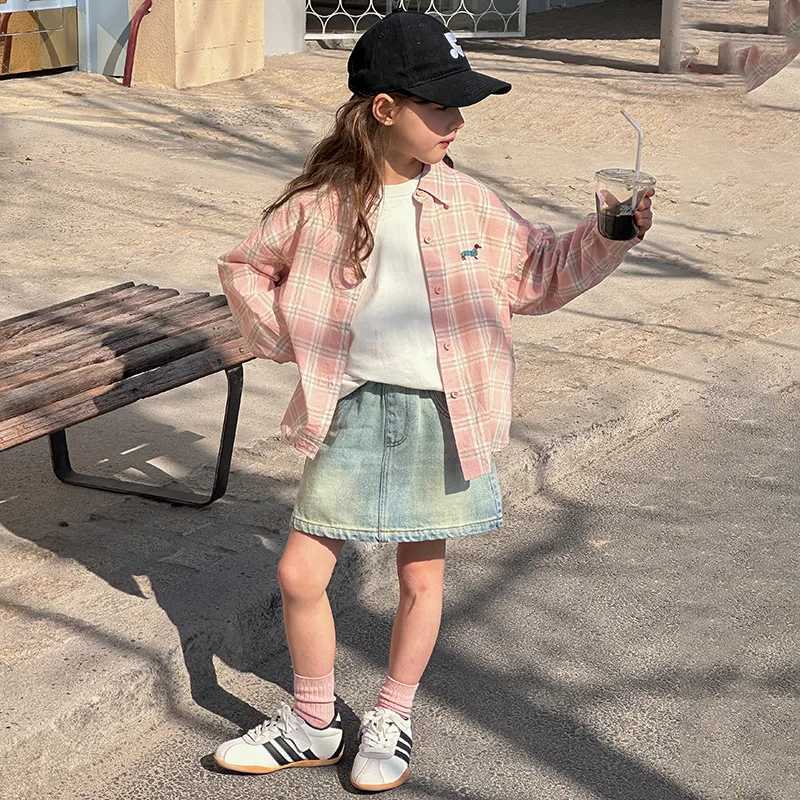 Pink Checkered Shirt Spring New Korean Allmatch Fashionable Cute Casual Sweet Plaid Shirt Coat Kids Clothes Girls C251007