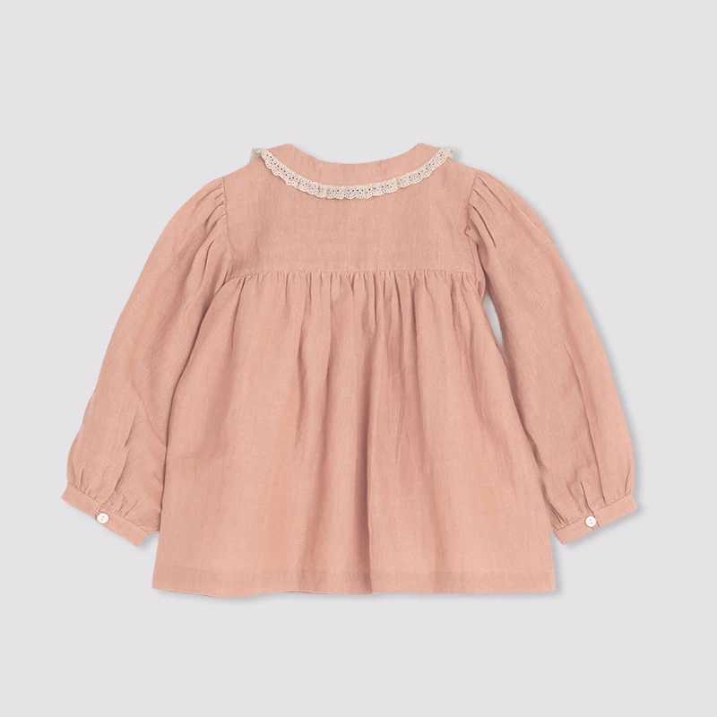 Girls Retro Splicing Lace Cotton Linen Shirts Autumn New Lapel Doll Cardigan Sweet And Cute Baby Girl LongSleeved Blouse Tops C251007