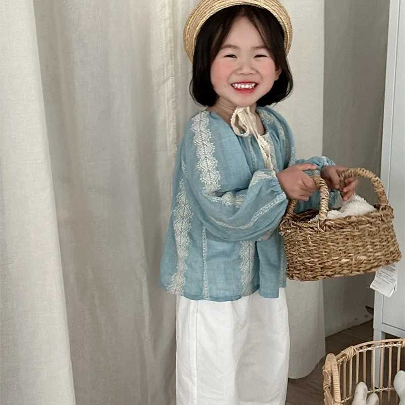 2024 Spring New Products Girls Embroidered Solid Color Shirt Korean Version Childrens Foreign Style Fresh Crew Neck Top C251007