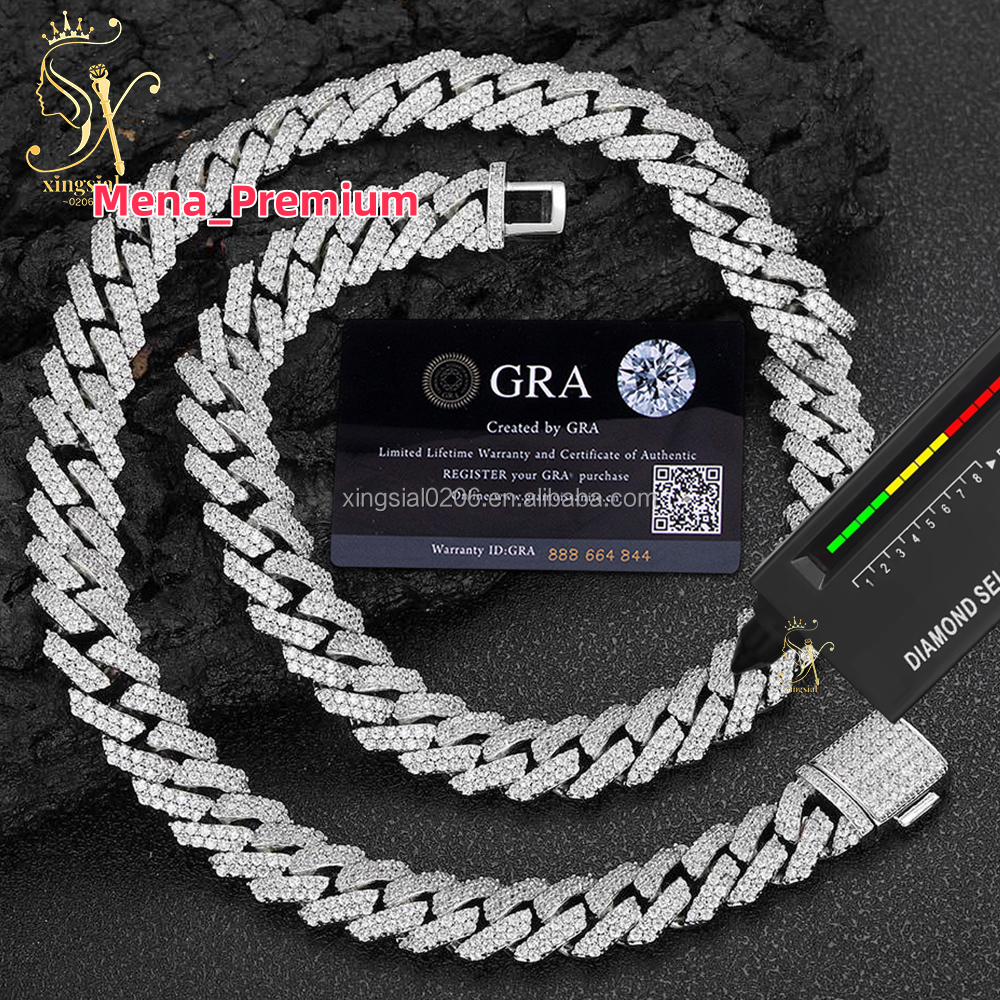 Hip Hop Style Jewelry 925 Silver 18K Gold Plated Mens Baguette Cuban Necklace 12mm Iced Out Diamond Moissanite Cuban Link Chain