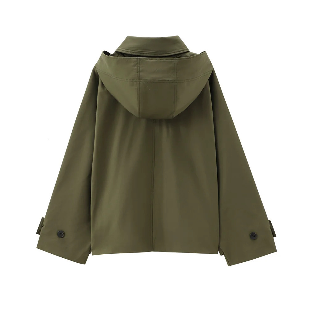 Autumn European and American style hooded long sleeved lapel jacket single breasted trench coat short 250930