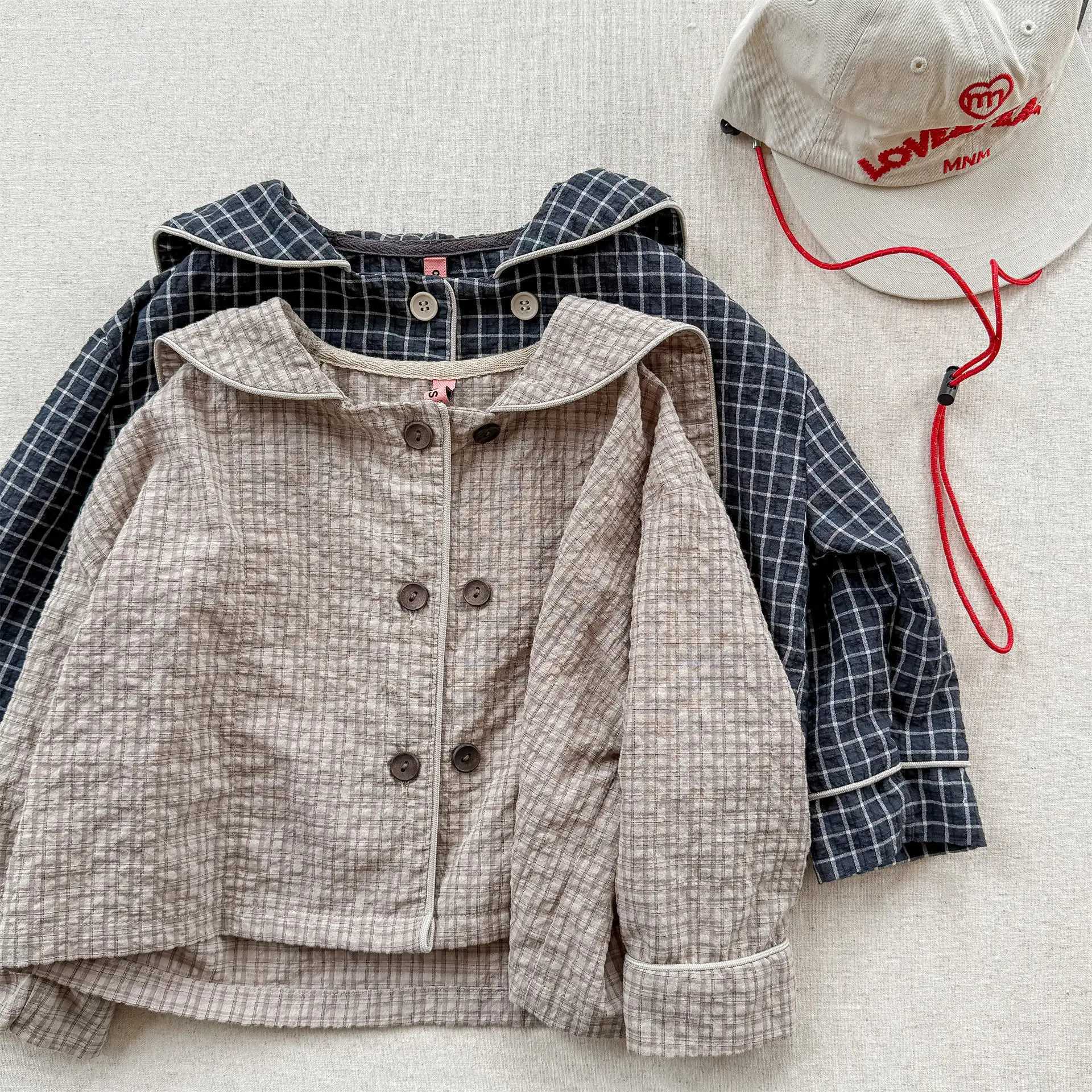 2025 Autumn New Girls Plaid Shirts Children Long Sleeve Tops Baby Girl Large Lapel Cotton Linen Blouse Kids Casual Tops C251007