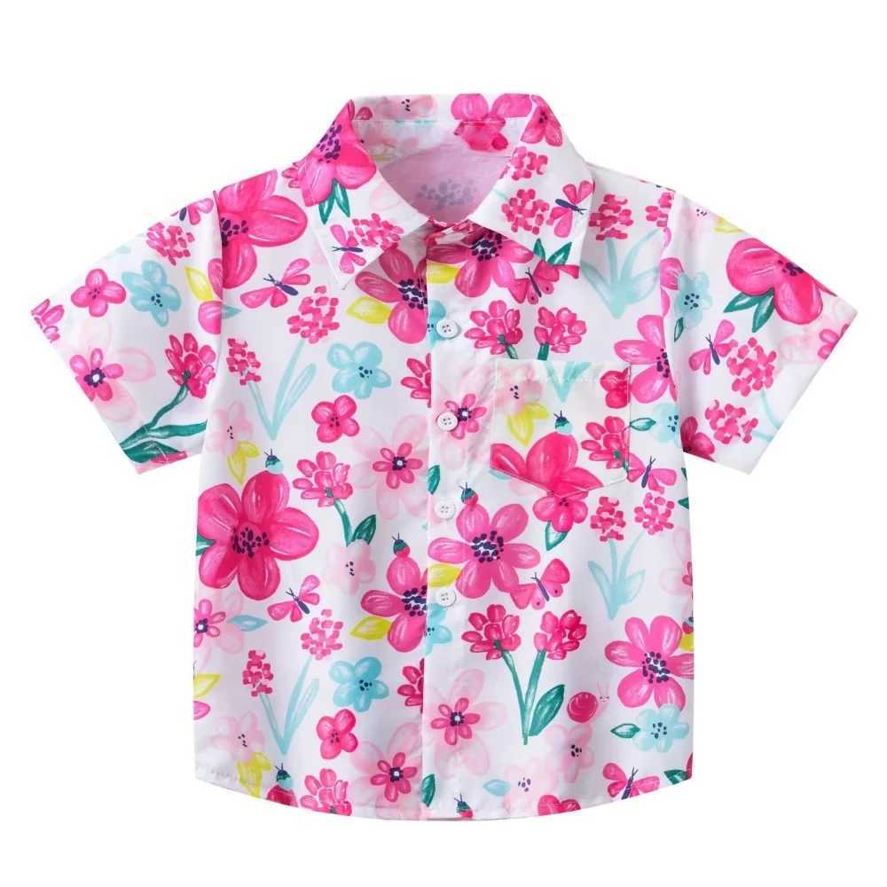 Girl Blouse Fashion Pink Flower Printed Children Top Lapel Short Sleeve Girl Clothes from 5 to 6 Years Top Shirts for Children C251007