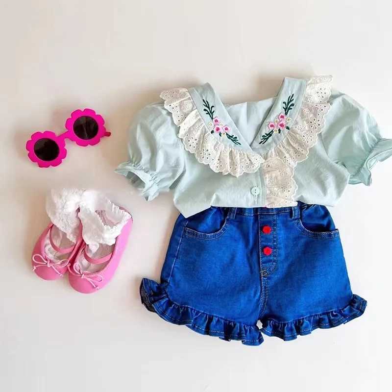 Summer Baby Girls Short Sleeve Shirt Embroidered Lace Doll Shirt For Children Korean Girls Cute Pure Cotton Bubble Sleeve Top C251007