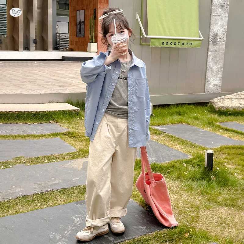 516Y Girls Blouses 2025 Autumn New Korean Fashion Casual Daily Solid Color LongSleeve Turndown Collar Shirt Kids Spring Coat C251007