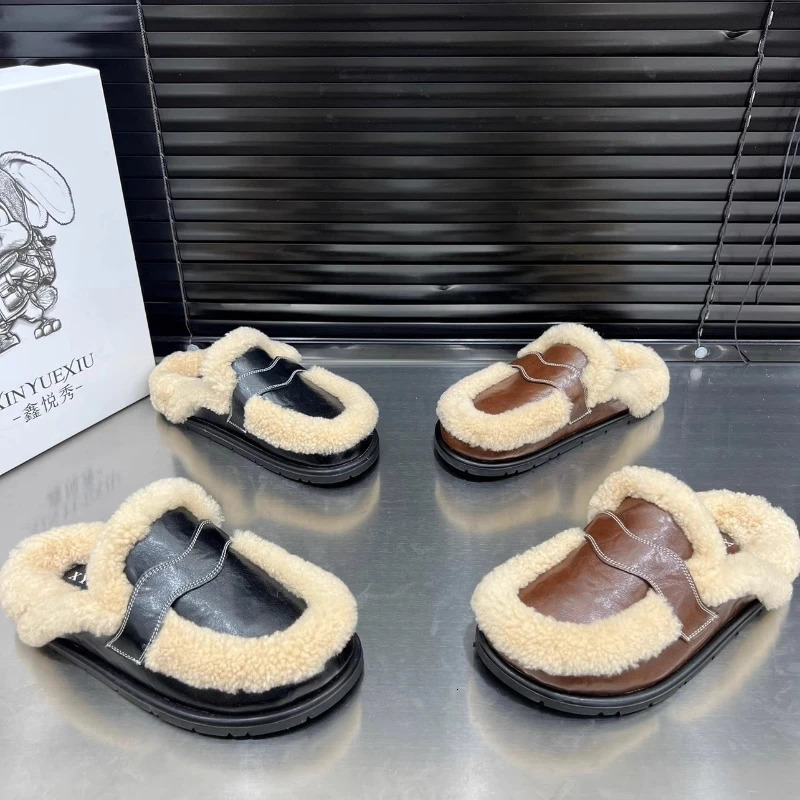 Winter Casual Fashion Womens Shoes Lamb Velvet Thicksoled Baotou Slippers Womens Flatsoled Warm Mules Zapatos De Mujer 250923