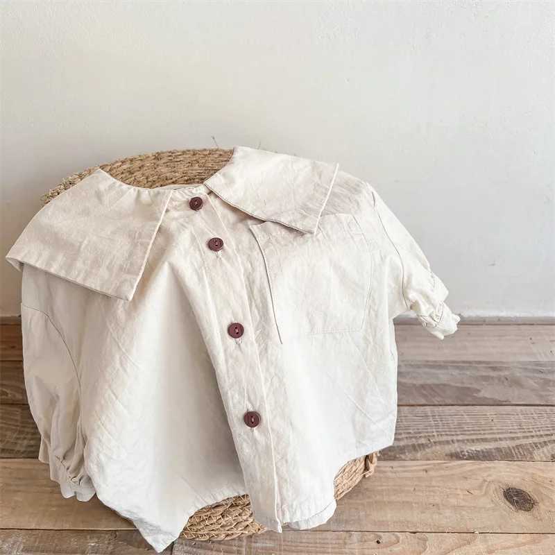 Korean Style New Summer Girls Short Sleeve Blouse Beige Light Blue Letter Embroidery Sailor Collar Single Breasted Shirts A22293 C251007