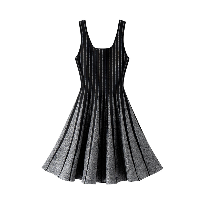 HL111 Round Neck Sleeveless Waist Pullover A-Line Striped Knitted Dress