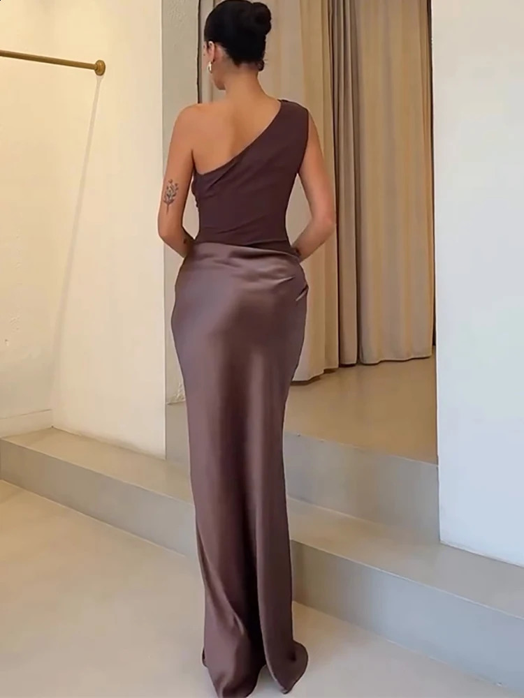 JULISSA MO Patchwork Satin Sexy One Shoulder Women Maxi Dress Brown Sleeveless Evening Summer Slim Elegant Party Clubwear y250922