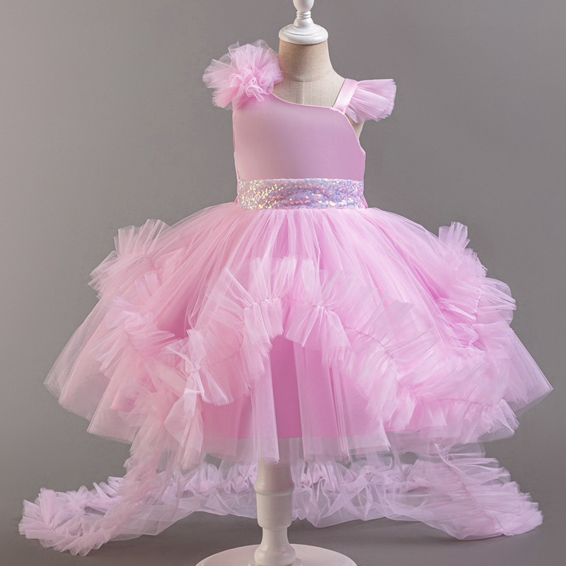 Puffy Girl Dress Pink Baby Dress with Train Flower Girl Dress Bow Cute Kids Child Birthday Dresses Frist Communion 250829