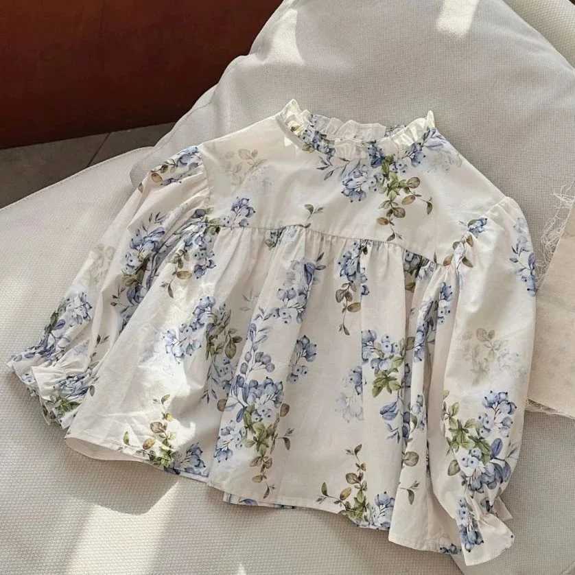 5845 Girls Shirts Spring and Autumn 2025 New Long Sleeve Floral Girls Blouse Korean Childrens Fashion Doll Shirt Tops C251007