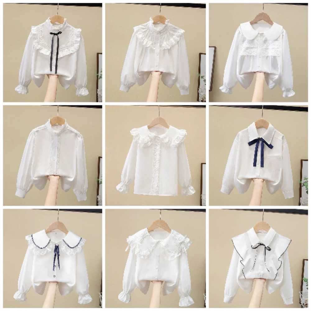 2025 Girls White Shirt Spring and Autumn Lace New Top Childrens Cotton Korean Female Student White Blouse for Girls clothes C251007