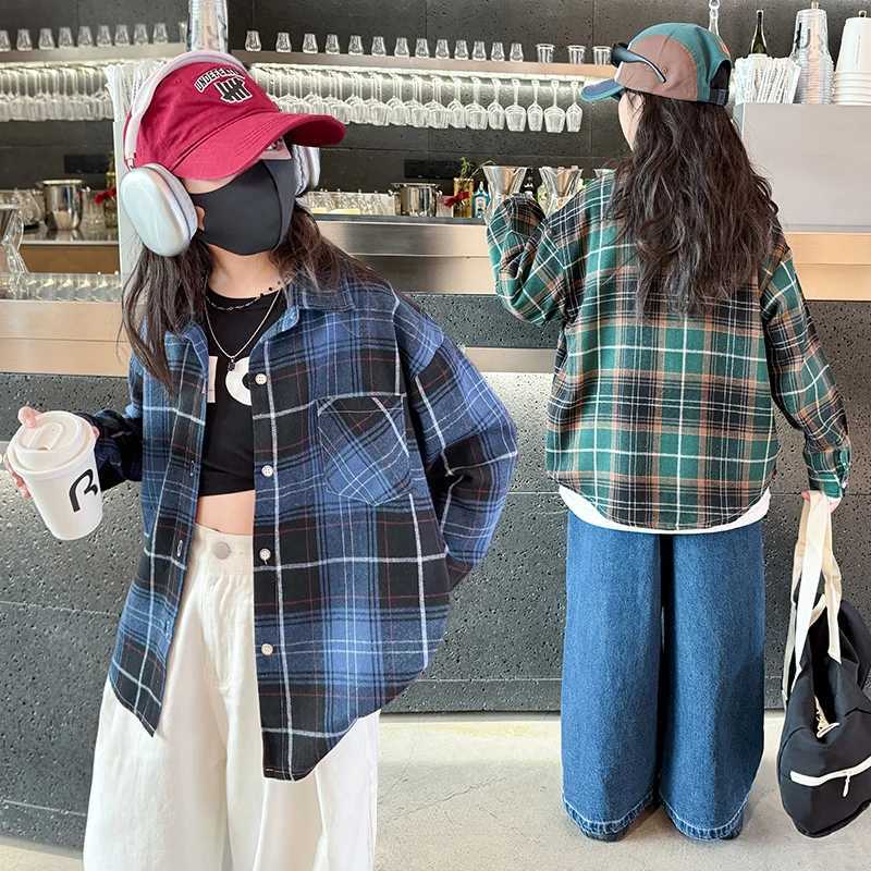 Elegant Kids Spring Autumn Blue Green Plaid Shirts For Girl Cotton Casual Long Sleeve Top School Blouses Clothing Children 514Y C251007