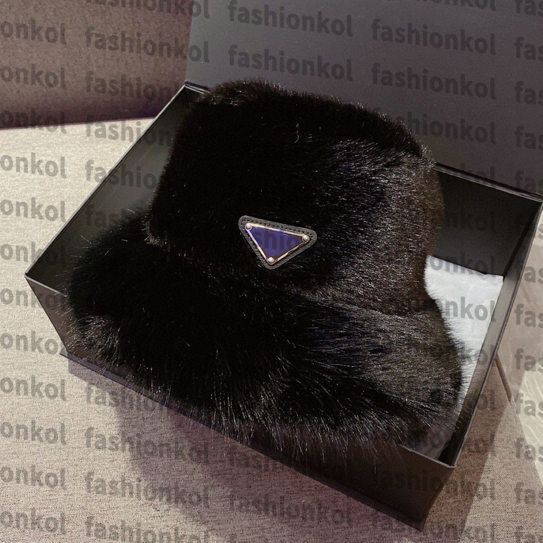 PRA Winter Fisherman Hat Luxury Designer Triangle Label Fisherman Hat Women's Imitation Mink Fur Plush Thickened Bucket Hat High QualityVersatile Basin Hat