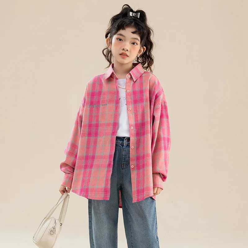 Fashion Casual Childrens Long Sleeve Pink Plaid Shirt for Girls Stylish Street Clothing Kids Spring Autumn Blouses Age 514Y C251007
