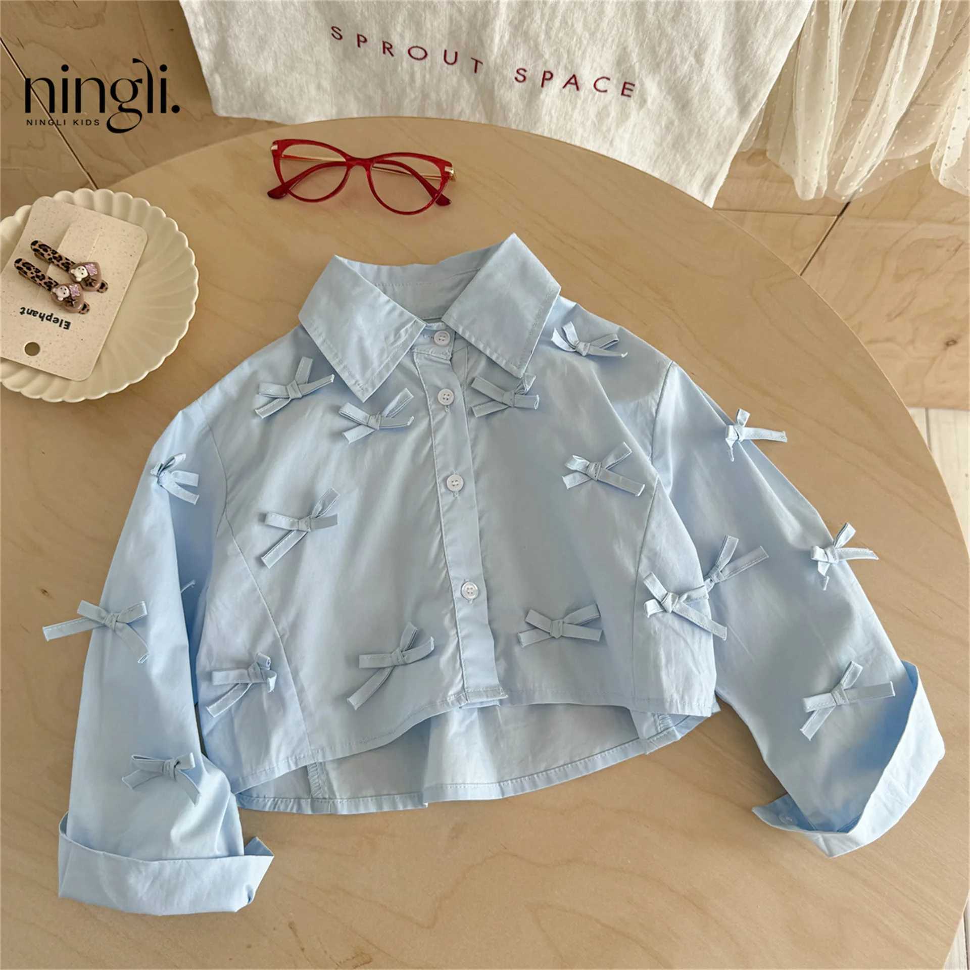 6785 Children Shirt 2025 Autumn New Baby Girls Bow Shirt Korean Leisure Girls Short Blouse Tops C251007