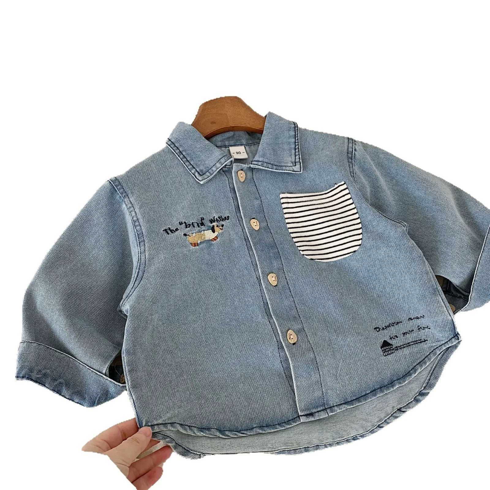 2025 Autumn Baby Boys Tshirt Retro Striped Pocket Turn Down Collar Toddler Boys Denim Shirts Single Breasted 18Y Boys Tops C251007
