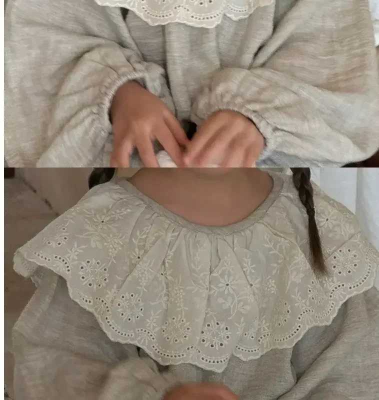 Fashion Korean childrens clothing 2024 autumn new girls shirt solid color lace large lapel doll shirt loose top C251007
