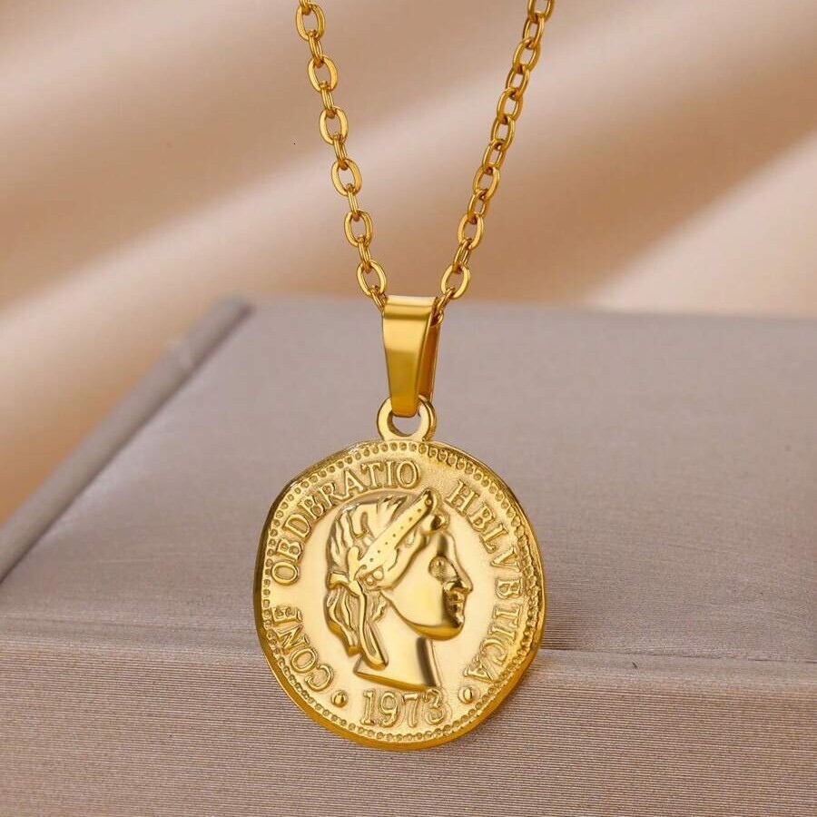 Portrait Coin Angel Pendant Necklace Women's Accessories Versatile Titanium Steel Gold Plated New Vintage Style