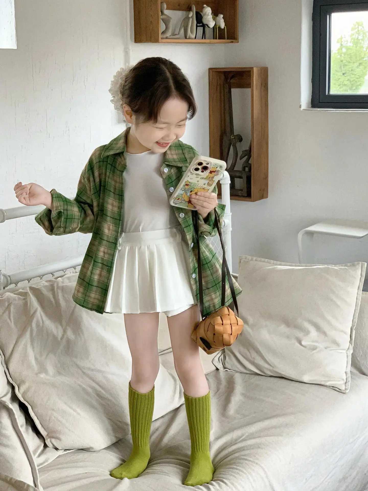 2025 Spring New Green Plaid Girls Shirts Childrens Long Sleeve Casual Blouse Coat C251007