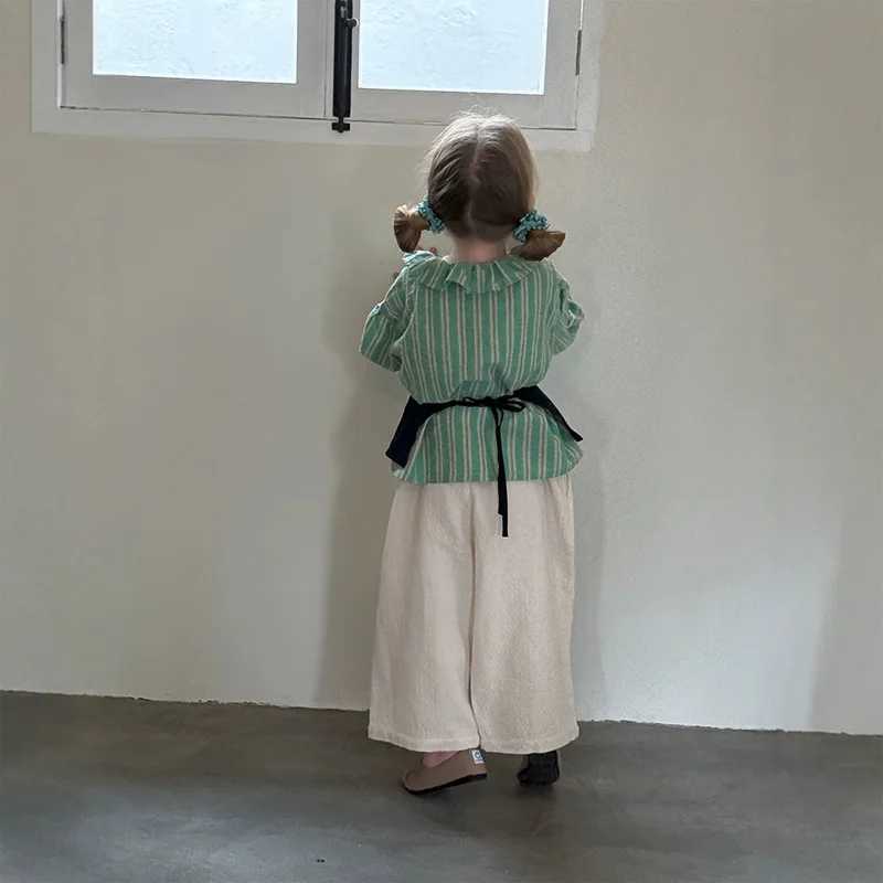 Retro Fashion Girl Blouse2025 New Green Striped Childrens Shirt Top Cotton Girls Shirt Boutique Childrens Clothing C251007