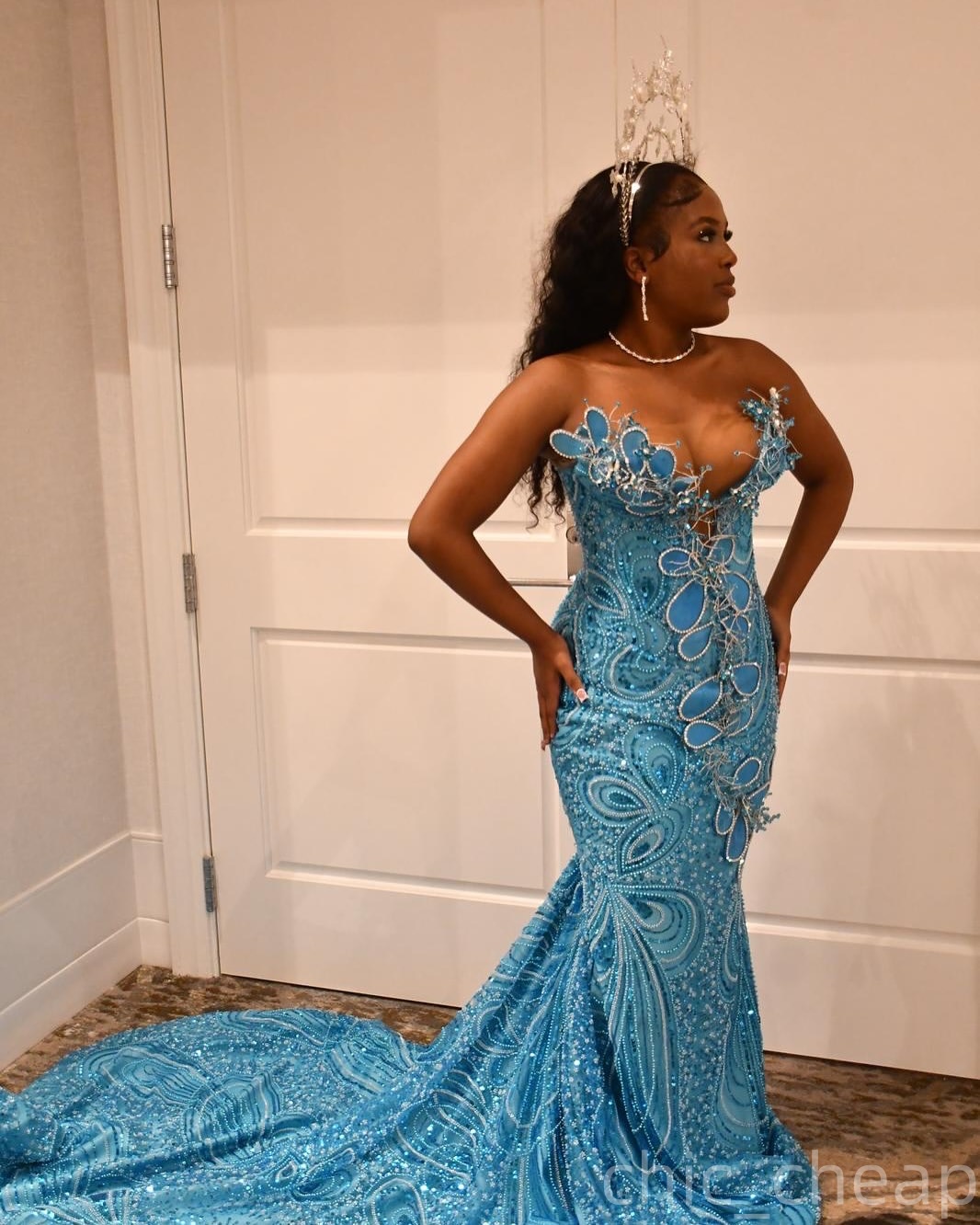 Sky Blue Mermaid Prom Dresses 2025 Florals Crystals Sequined Lace Evening Formal Party Second Birthday Engagement Gowns Plus Size Dress For Special Oc