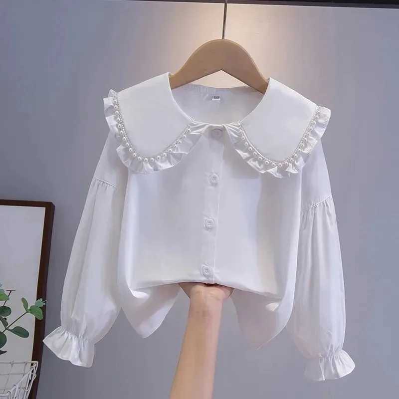 2025 Spring and Autumn New Girls Pure Cotton Doll Neck Long Sleeve Shirt Childrens White Performance Top C251007