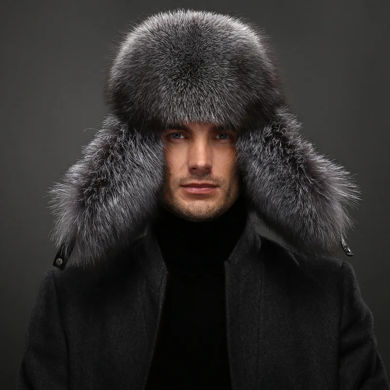 Winter Mens 100 Real Silver Fox Fur Bomber Hat Raccoon Fur Ushanka Cap Trapper Russian Man Ski Hats Caps Real Leather Top 250929