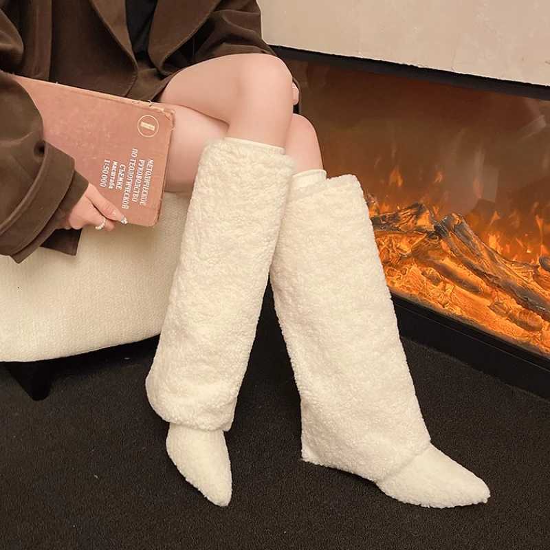 Fion Vintage Wedges Heel Wen Furry High Boots Designer Cbination Splicing Shoes Autumn Winter Ladies Pipe Long Booties Y251007