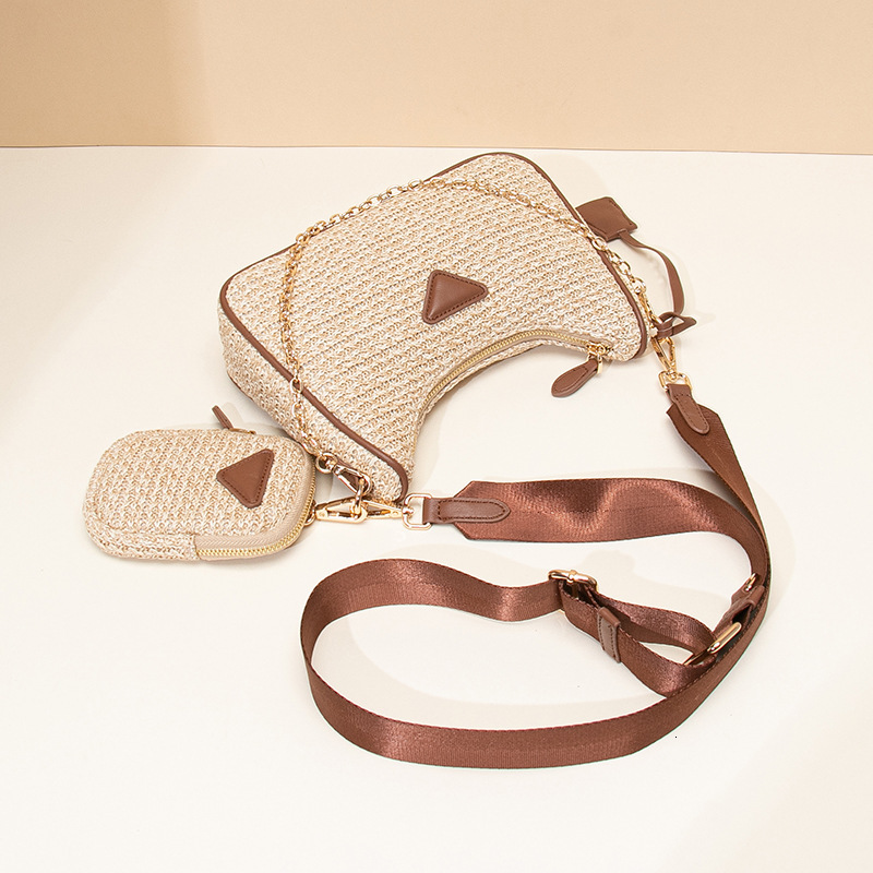 P Home Summer New Three-in-One Hobo Underarm Single Shoulder Crossbody Small Square Bag Raffia Woven Coin Purse