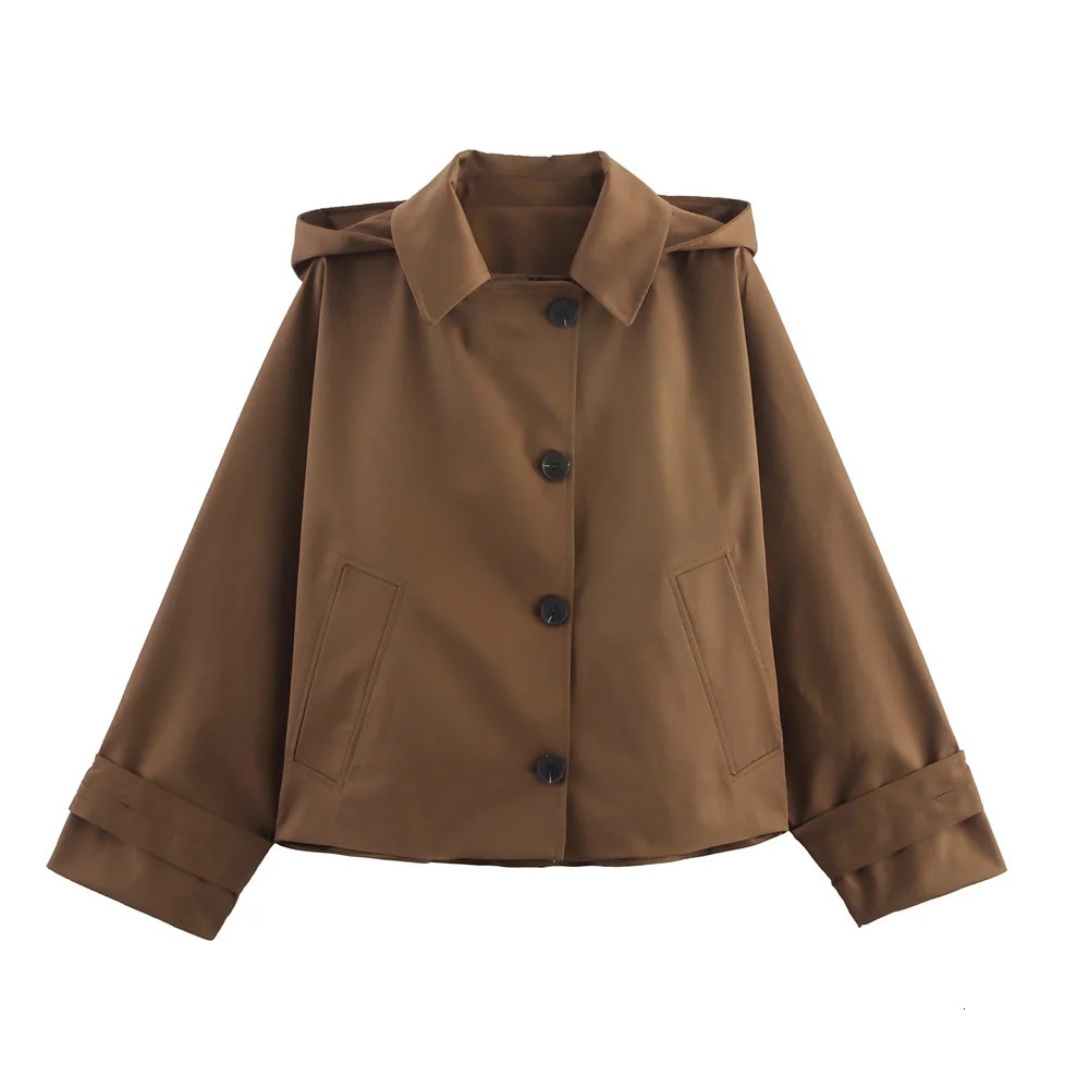 Autumn European and American style hooded long sleeved lapel jacket single breasted trench coat short 250930