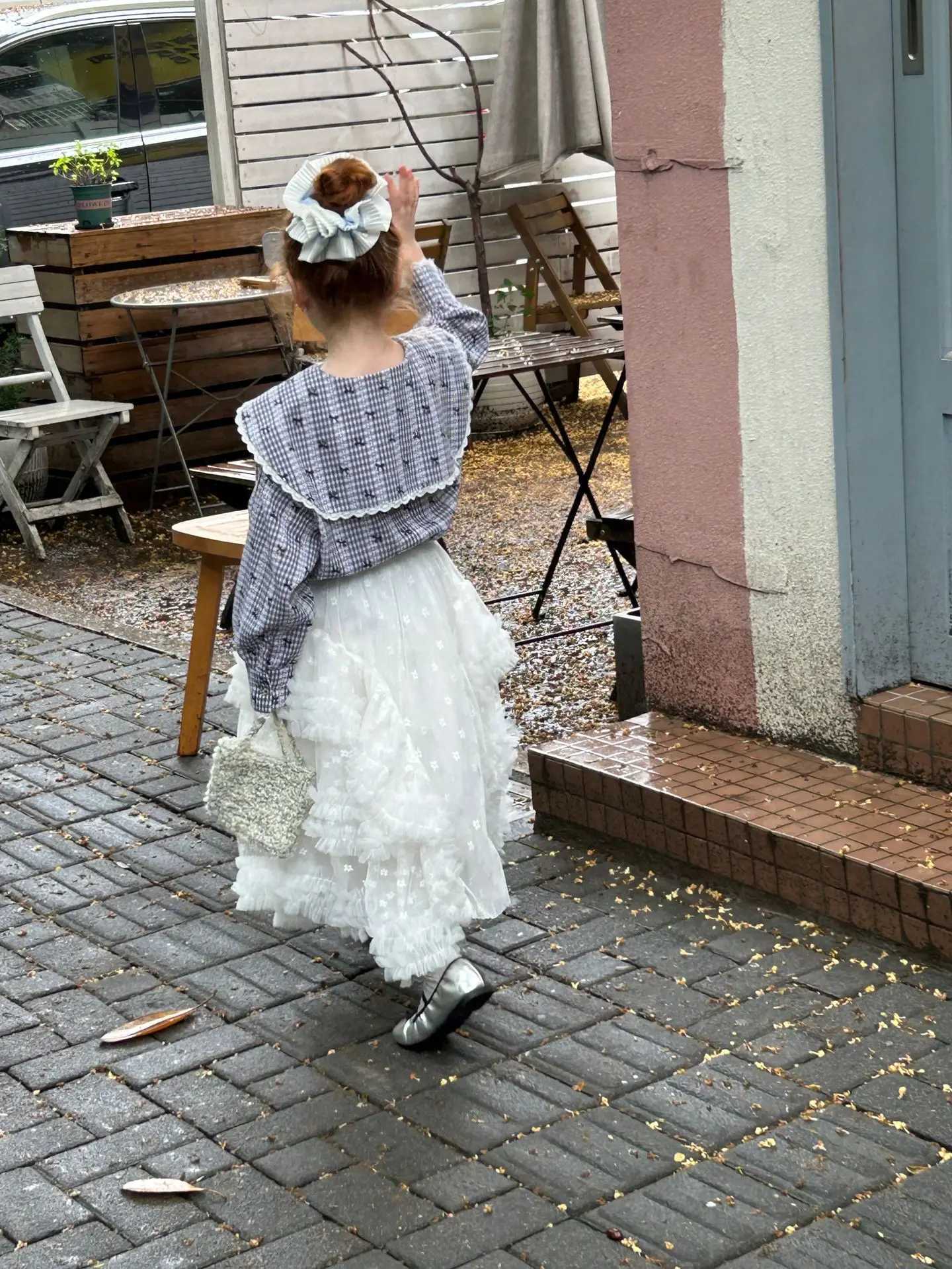 2025 Childrens Clothing Girls Autumn New Fashionable Gentle and Generous Collar Flip Collar Checkered Bow Top C251007