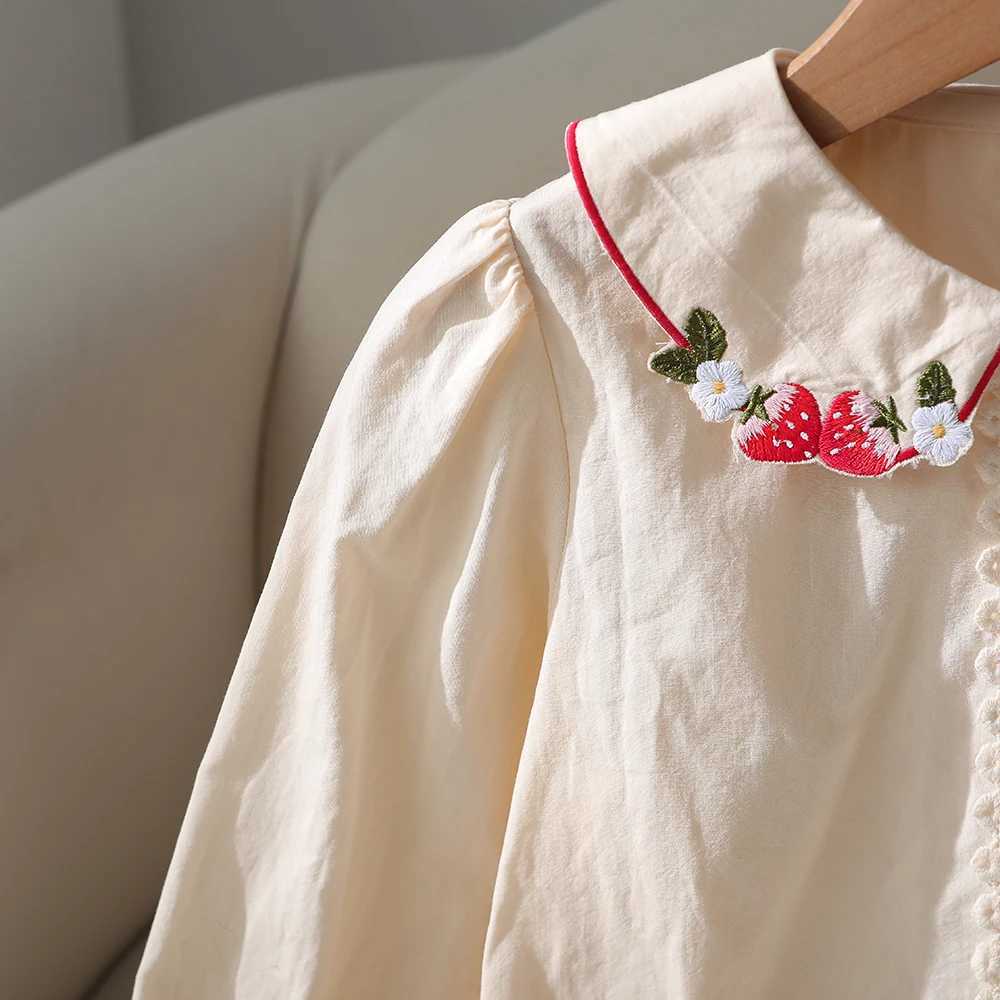 Girls Casual Shirt 100 Cotton Blouse Strawberry Embroidered Collar Long Sleeves Button Front 26 Years Kids Fashion Clothing C251007
