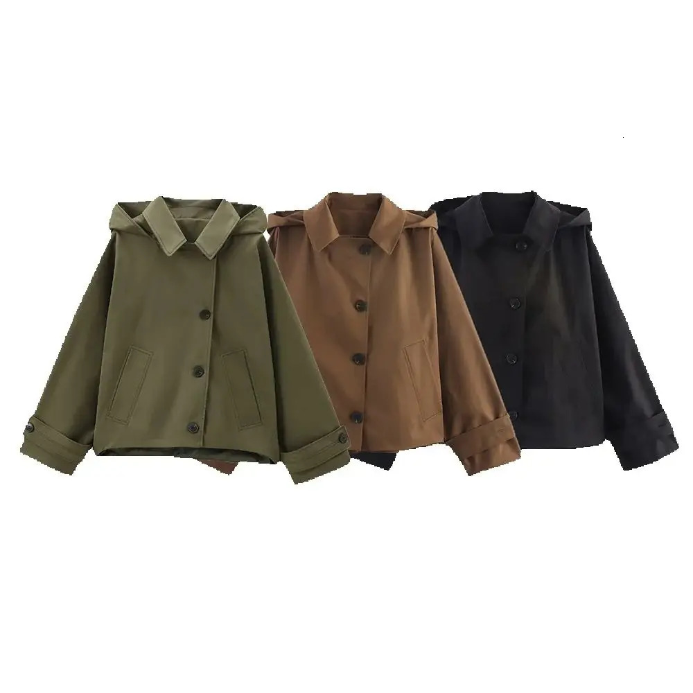 Autumn European and American style hooded long sleeved lapel jacket single breasted trench coat short 250930