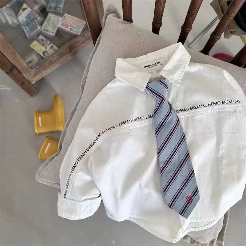 Childrens Shirts 2023 Spring And Autumn New Boys And Girls Letter Tie Long Sleeve Baby Academy Style Simple White Shirt Trend C251007