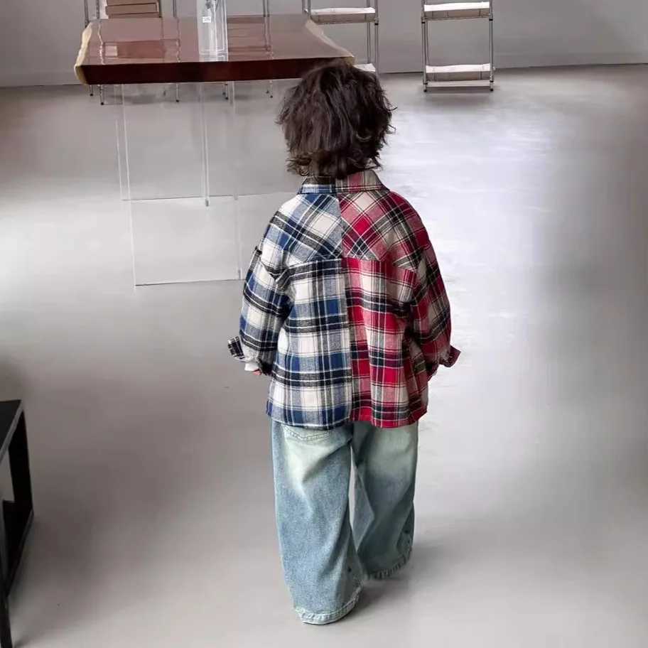 Boy Korean Childrens Clothing Soft 2025 Autumn New Collection Red Blue Color Blocked Checkered Shirt Pure Cotton Blouses C251007