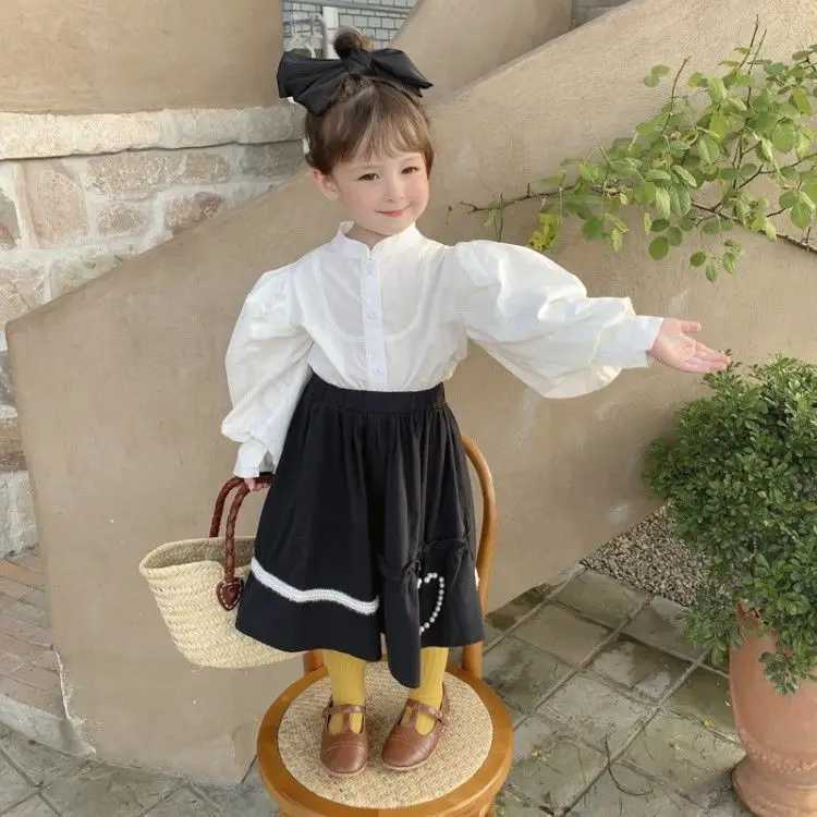 Girls Cotton Shirt Retro Bubble Sleeves Korean Fashion Long Sleeved Shirt Outerwear Baby Solid Shirt for Girls C251007
