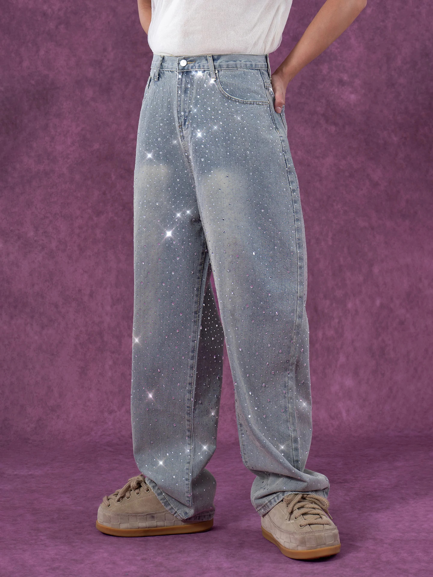 2025 Men Loose WideLeg Straight Retro Trendy Jeans Sparkling Diamond Shiny Sequin Denim Trousers Handsome Stylish Denim Pants 250930
