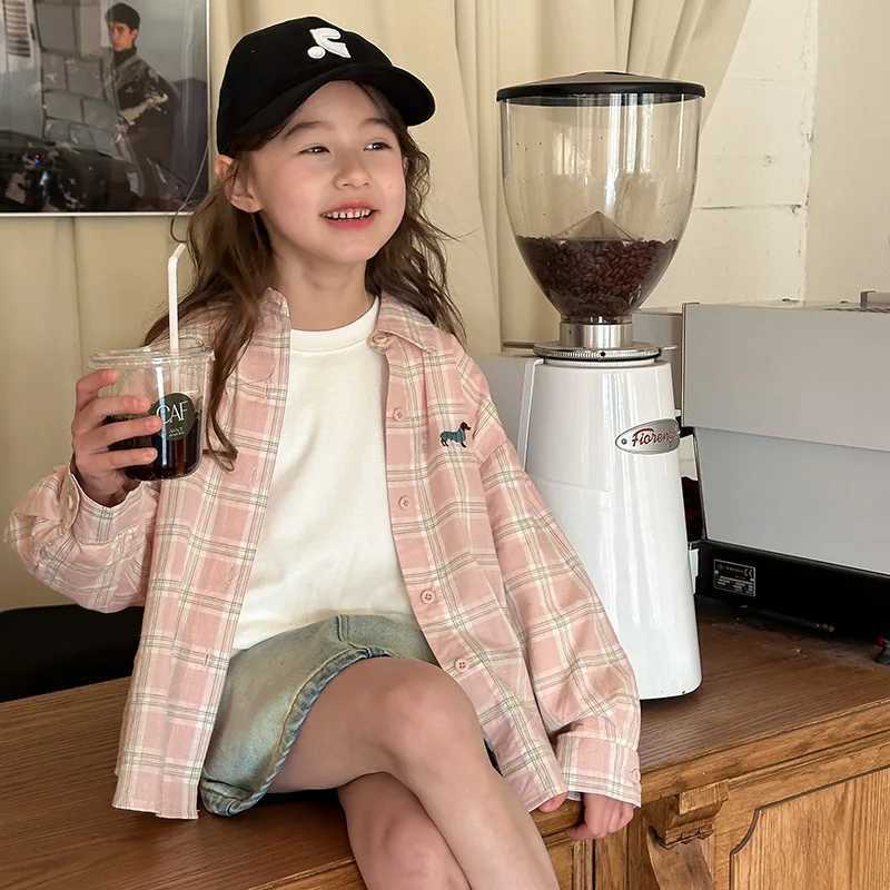 Pink Checkered Shirt Spring New Korean Allmatch Fashionable Cute Casual Sweet Plaid Shirt Coat Kids Clothes Girls C2510071