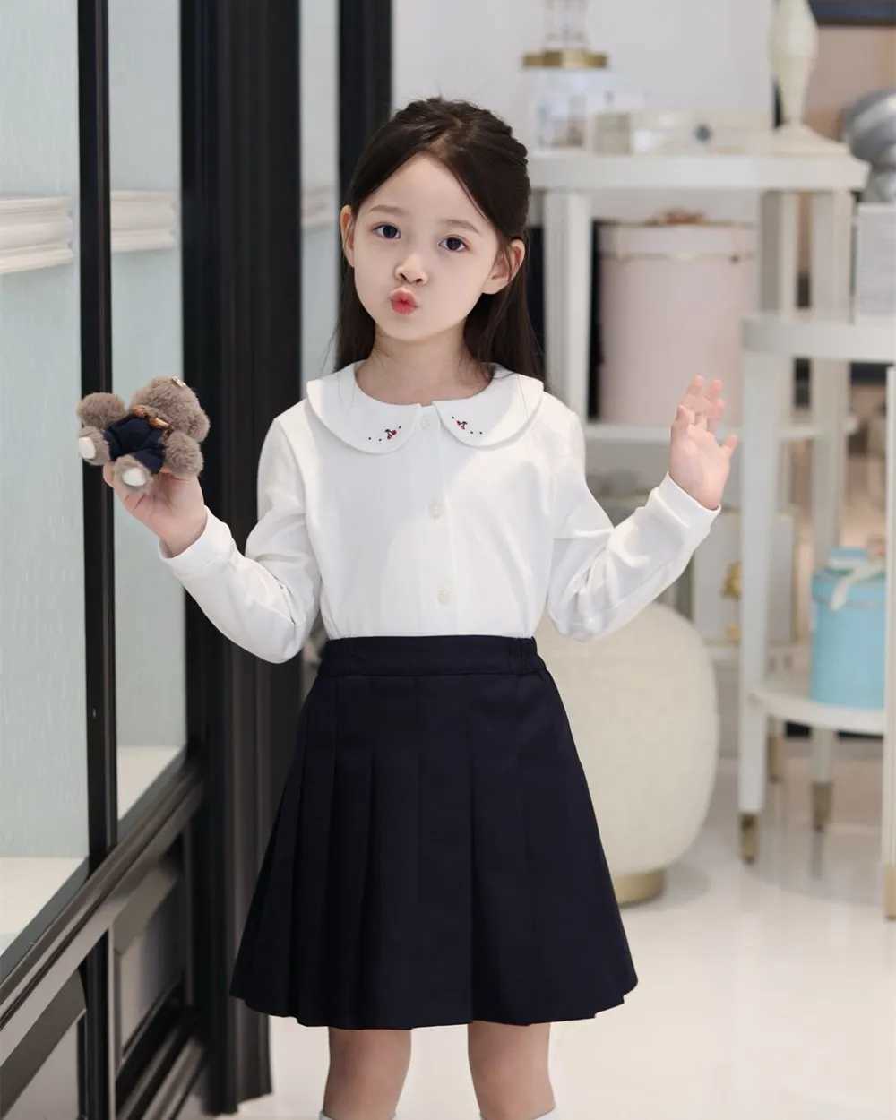 Autumn Winter Girls Shirt kids girls clothes Cherry and flower embroidered doll collar shirt white base cotton top C251007