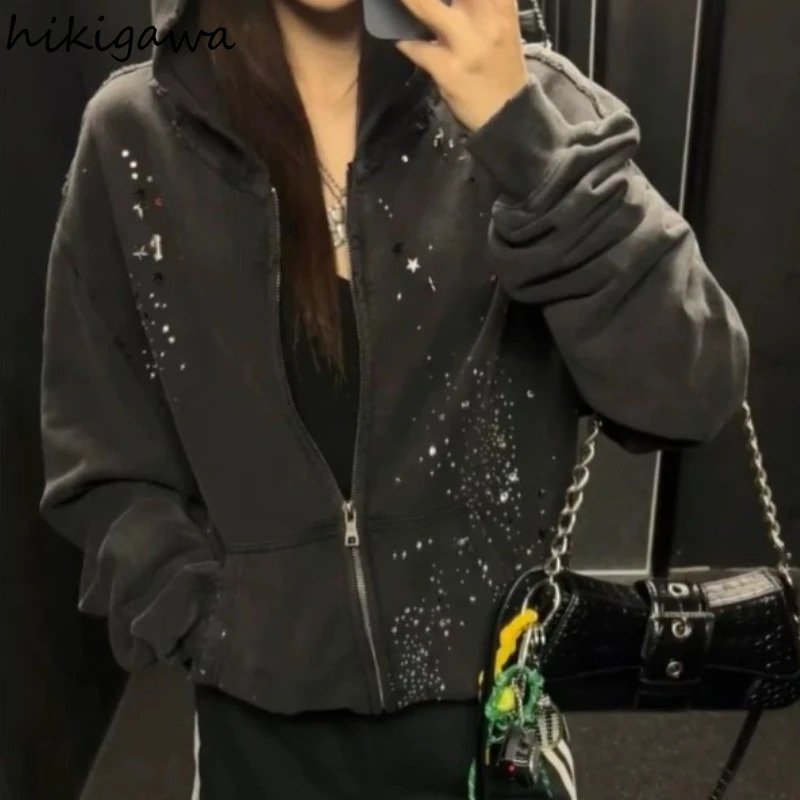 Oversize Hoodies Womens Clothing Chic Diamond Streetwear BF Sweatshirts Hooded Zipper Harajuku Hoodie Jackets Casual Y2k Tops 250930