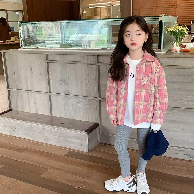 2023 Autumn New Fashionable Pink Plaid Sweet Girls Shirt Top Children Clothing Girls Shirt Coat Korean Style Long Sleeved C251007