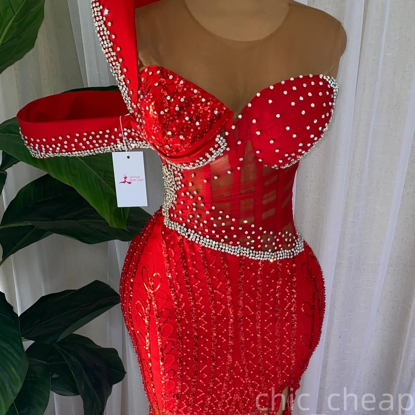Red Mermaid Prom Dresses 2025 Crystals Sheer Neck Sequined Lace Evening Formal Party Second Birthday Engagement Gowns Plus Size Dress For Special Occa