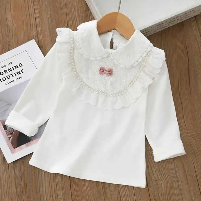 Girls White Tshirt top Autumn Childrens Lapel Shirt Middle And Big Girls Standing Collar Lace Longsleeved Bottom Shirt C251007