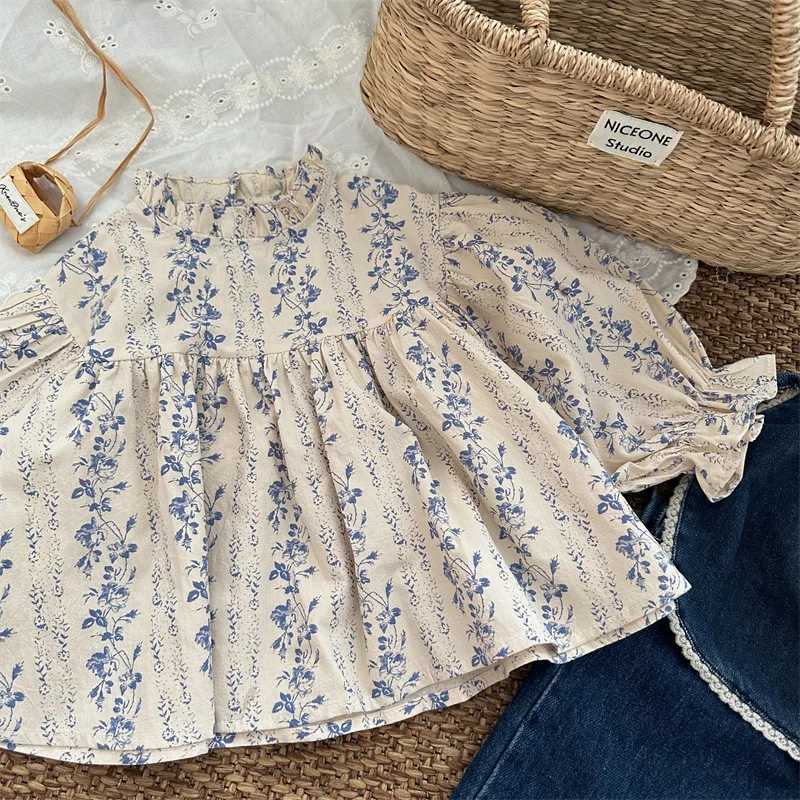 deer jonmi 2024 New Autumn Toddlers Girls Printed Blouses Puff Sleeve Ruched Tops Korean Style Baby Kids Loose Shirts C251007